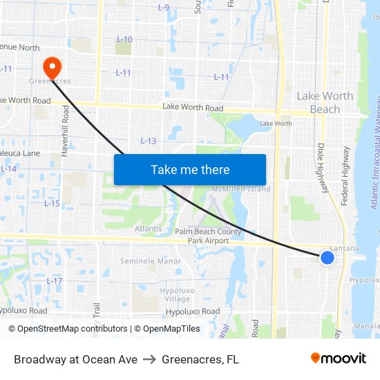 Broadway at Ocean Ave to Greenacres, FL map