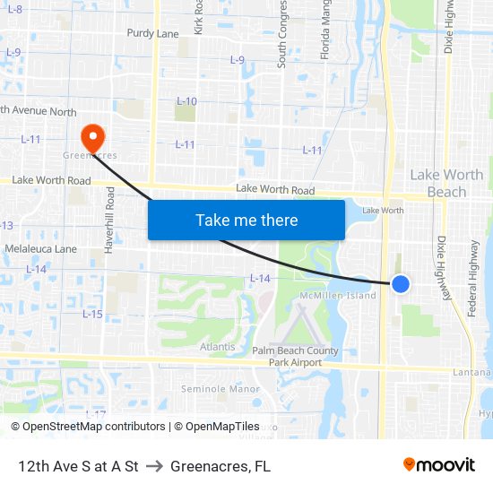 12th Ave S at A St to Greenacres, FL map