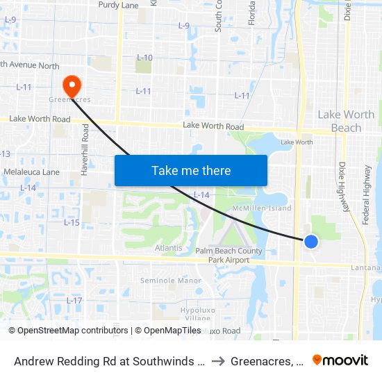 Andrew Redding Rd at Southwinds Dr to Greenacres, FL map