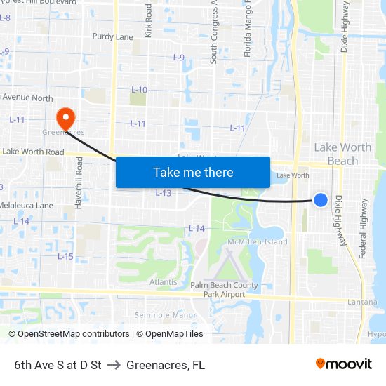 6th Ave S at D St to Greenacres, FL map