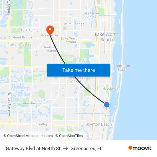 Gateway Blvd at Ne4th St to Greenacres, FL map