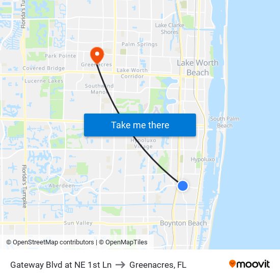 Gateway Blvd at NE 1st Ln to Greenacres, FL map