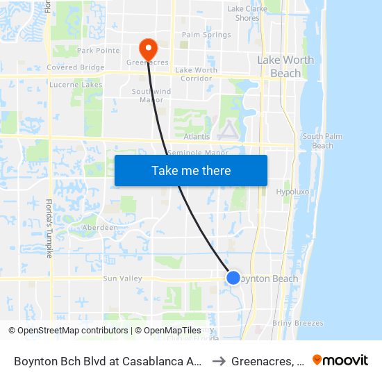 Boynton Bch Blvd at Casablanca Apts to Greenacres, FL map