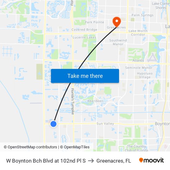 W Boynton Bch Blvd at 102nd Pl S to Greenacres, FL map