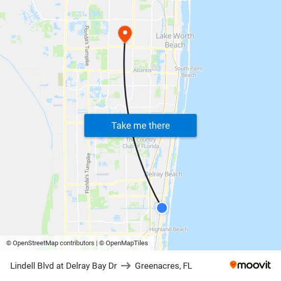 Lindell Blvd at Delray Bay Dr to Greenacres, FL map