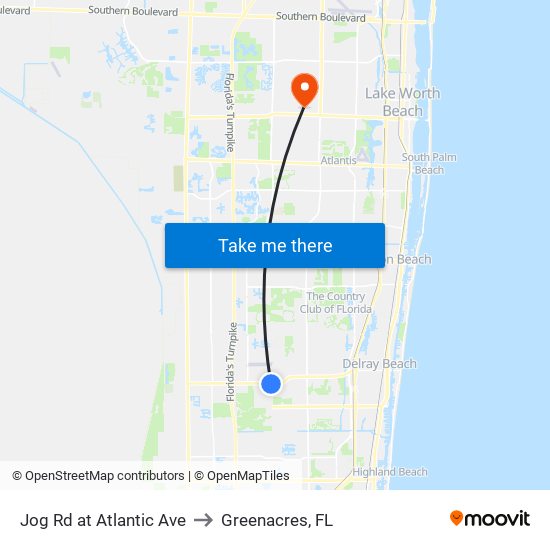 Jog Rd at Atlantic Ave to Greenacres, FL map