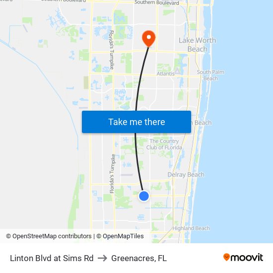 Linton Blvd at Sims Rd to Greenacres, FL map