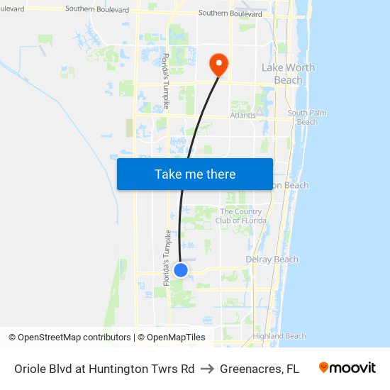 Oriole Blvd at Huntington Twrs Rd to Greenacres, FL map