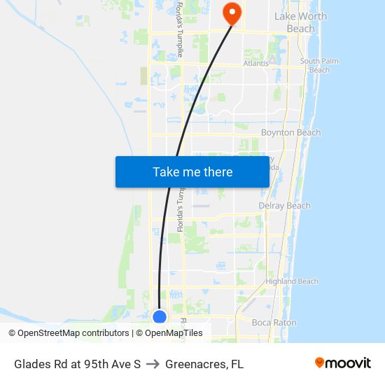 Glades Rd at 95th Ave S to Greenacres, FL map