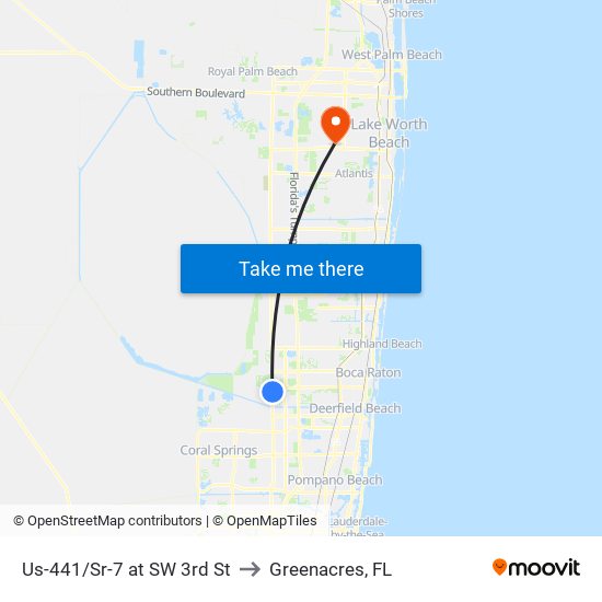 Us-441/Sr-7 at SW 3rd St to Greenacres, FL map