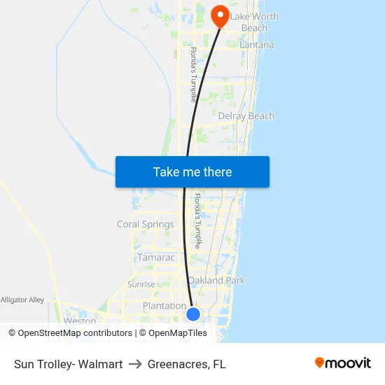 Sun Trolley- Walmart to Greenacres, FL map