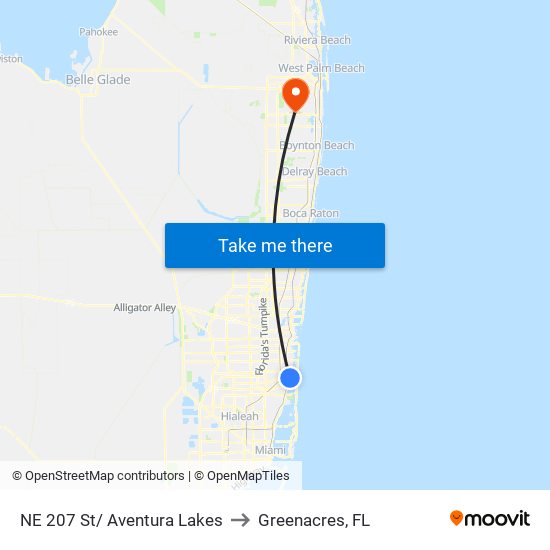 NE 207 St/ Aventura Lakes to Greenacres, FL map