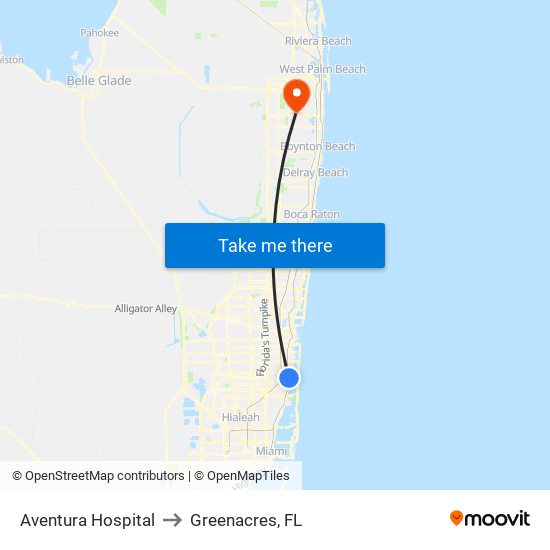 Aventura Hospital to Greenacres, FL map