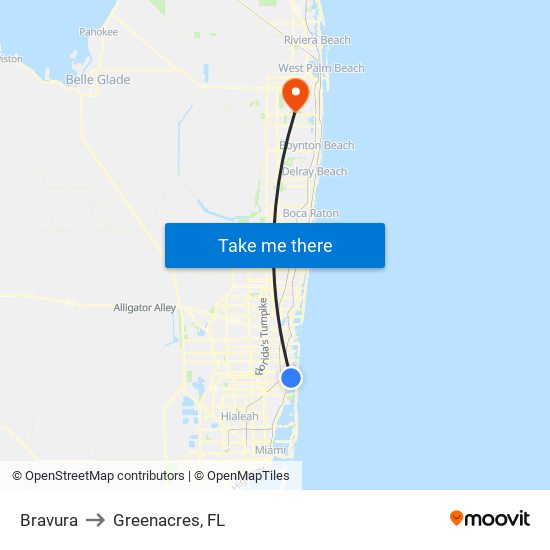 Bravura to Greenacres, FL map