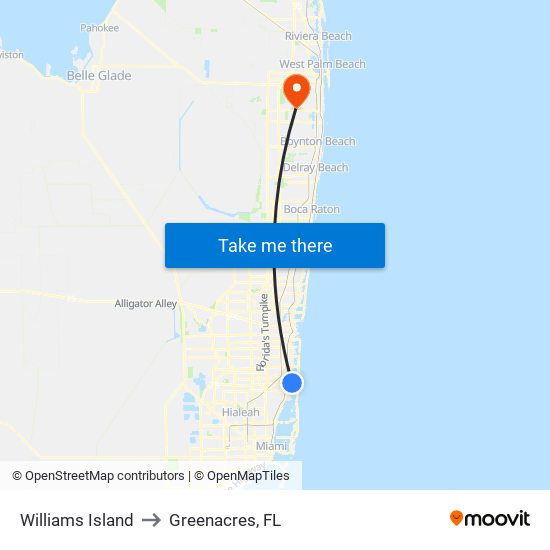 Williams Island to Greenacres, FL map