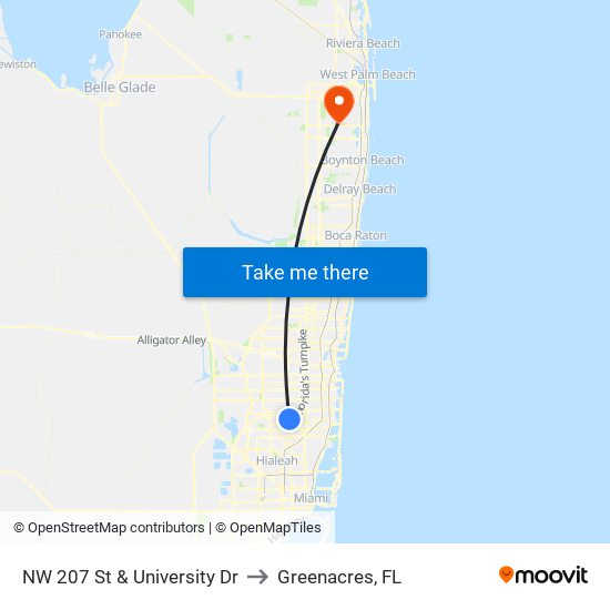 NW 207 St & University Dr to Greenacres, FL map