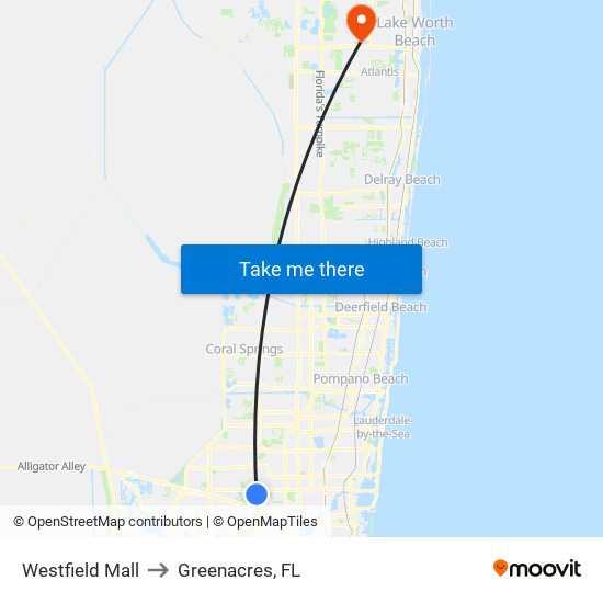 Westfield Mall to Greenacres, FL map