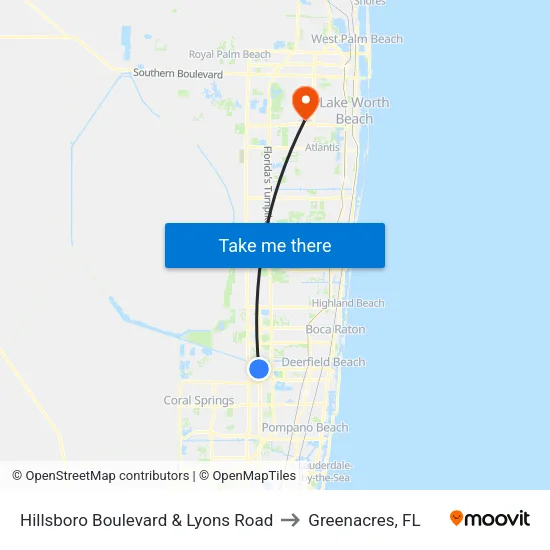 Hillsboro Boulevard & Lyons Road to Greenacres, FL map