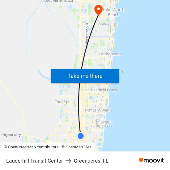 Lauderhill Transit Center to Greenacres, FL map