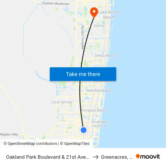 Oakland Park Boulevard & 21st Avenue to Greenacres, FL map