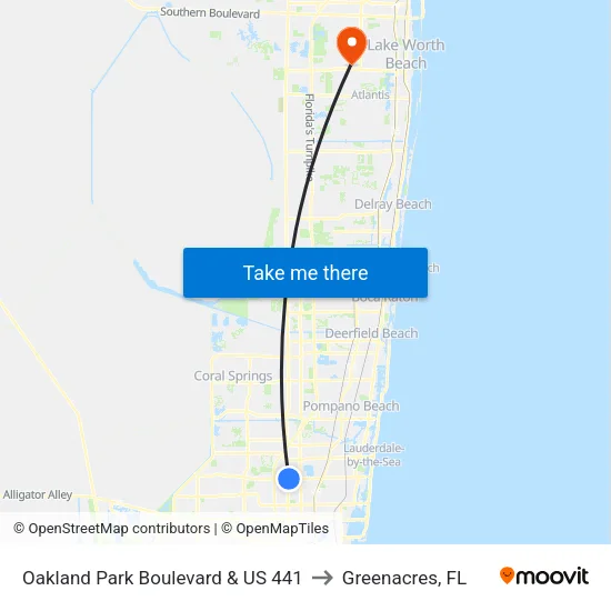 Oakland Park Boulevard & US 441 to Greenacres, FL map