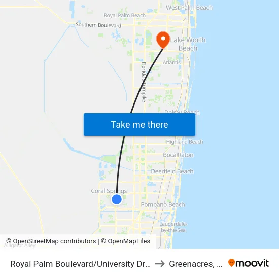 Royal Palm Boulevard/University Drive to Greenacres, FL map