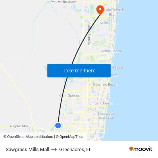 Sawgrass Mills Mall to Greenacres, FL map