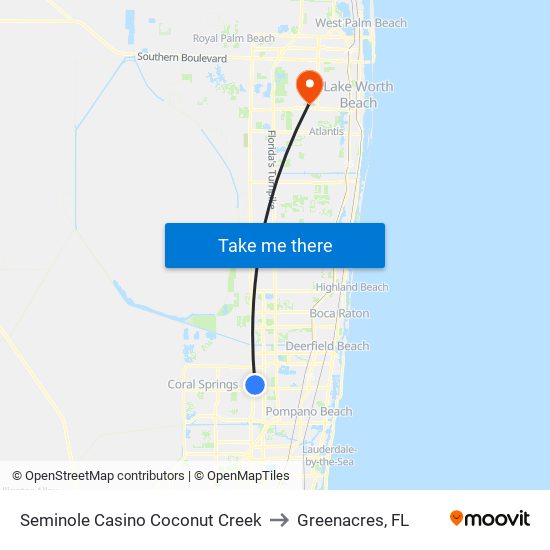 Seminole Casino Coconut Creek to Greenacres, FL map