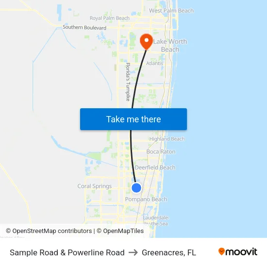 Sample Road & Powerline Road to Greenacres, FL map