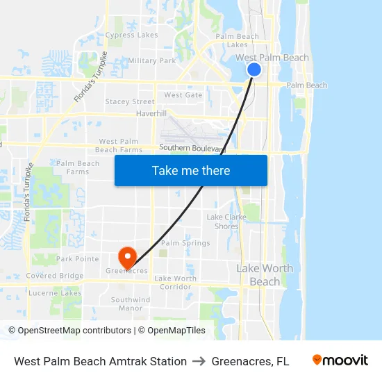 West Palm Beach Amtrak Station to Greenacres, FL map