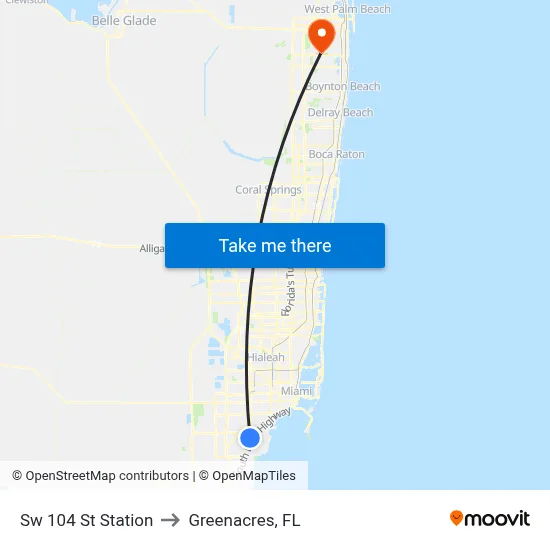Sw 104 St Station to Greenacres, FL map