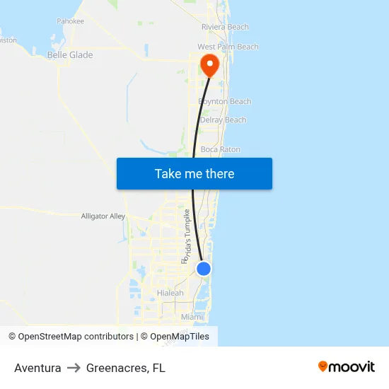 Aventura to Greenacres, FL map