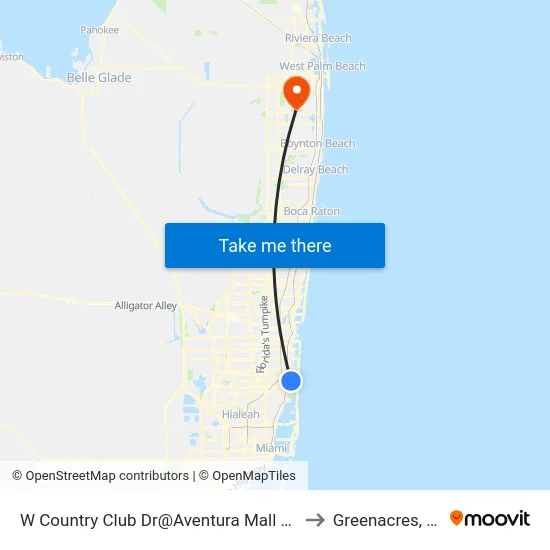 W Country Club Dr@Aventura Mall Ent to Greenacres, FL map