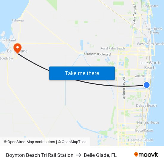 Boynton Beach Tri Rail Station to Belle Glade, FL map