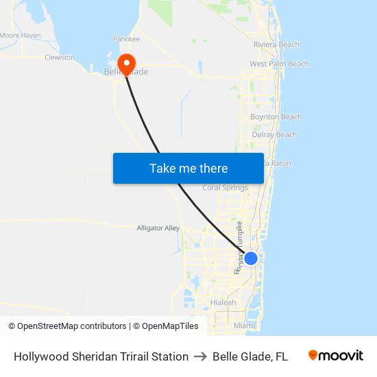 Hollywood Sheridan Trirail Station to Belle Glade, FL map