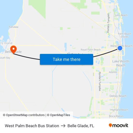 West Palm Beach Bus Station to Belle Glade, FL map