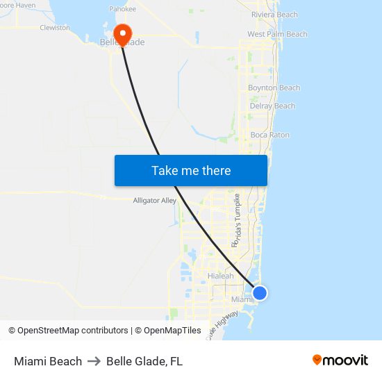 Miami Beach to Belle Glade, FL map