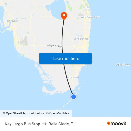 Key Largo Bus Stop to Belle Glade, FL map