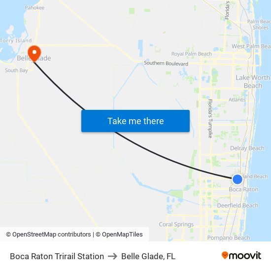 Boca Raton Trirail Station to Belle Glade, FL map