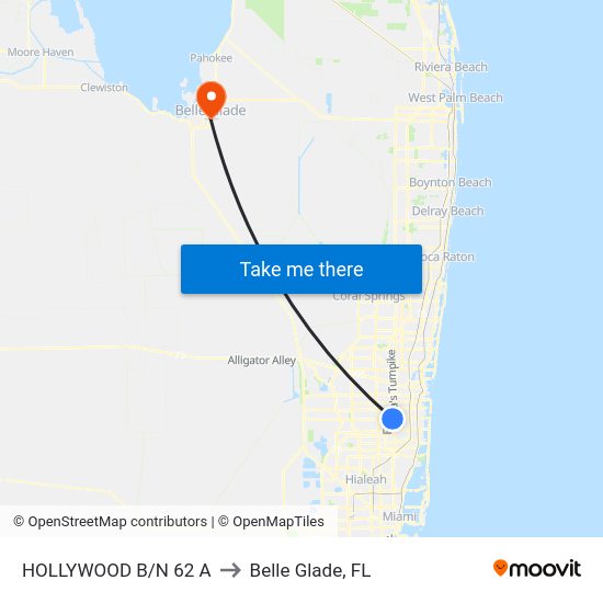 Hollywood B/N 62 A to Belle Glade, FL map