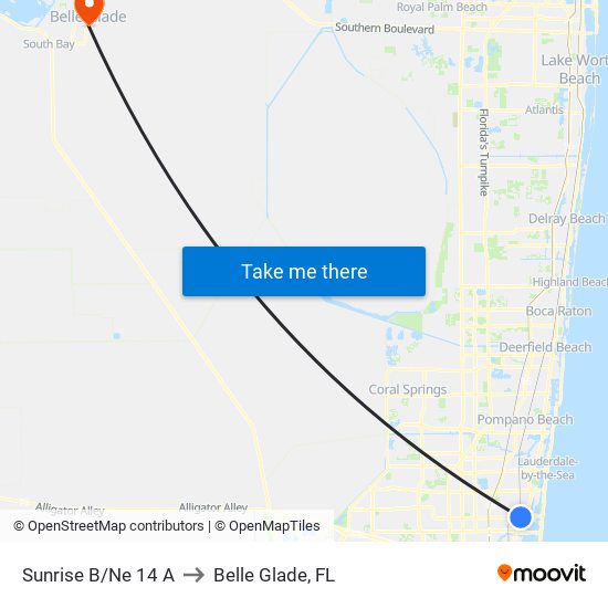 SUNRISE B/NE 14 A to Belle Glade, FL map