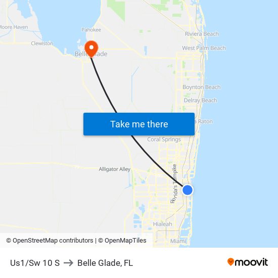 Us1/Sw 10 S to Belle Glade, FL map