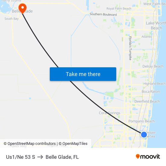 Us1/Ne 53 S to Belle Glade, FL map