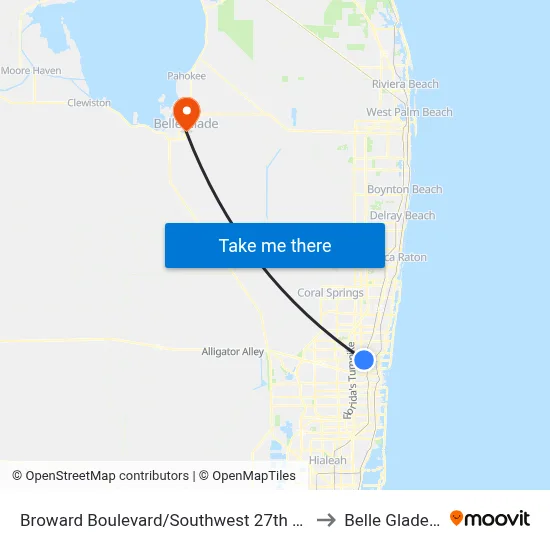 Broward Boulevard/Southwest 27th Avenue to Belle Glade, FL map