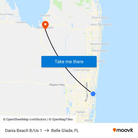 Dania Beach B/Us 1 to Belle Glade, FL map