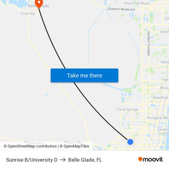 SUNRISE B/UNIVERSITY D to Belle Glade, FL map