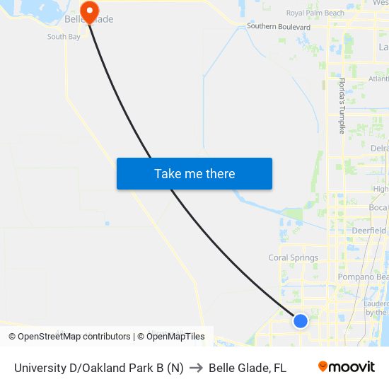 University D/Oakland Park B (N) to Belle Glade, FL map