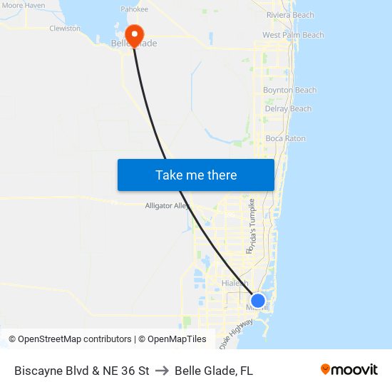 Biscayne Blvd & NE 36 St to Belle Glade, FL map