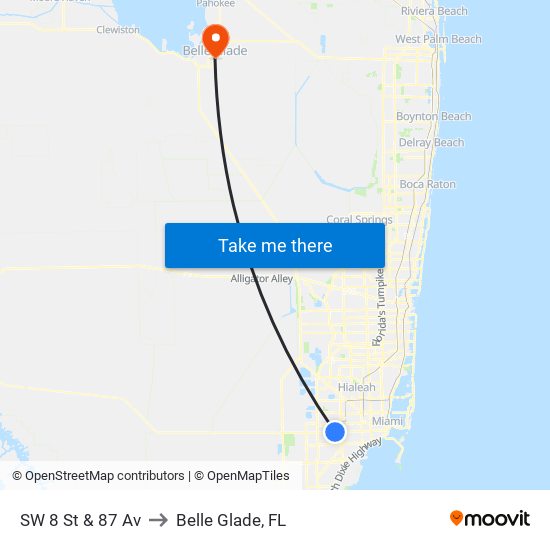 SW 8 St & 87 Av to Belle Glade, FL map