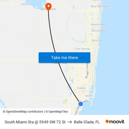 South Miami Sta @ 5949 SW 72 St to Belle Glade, FL map